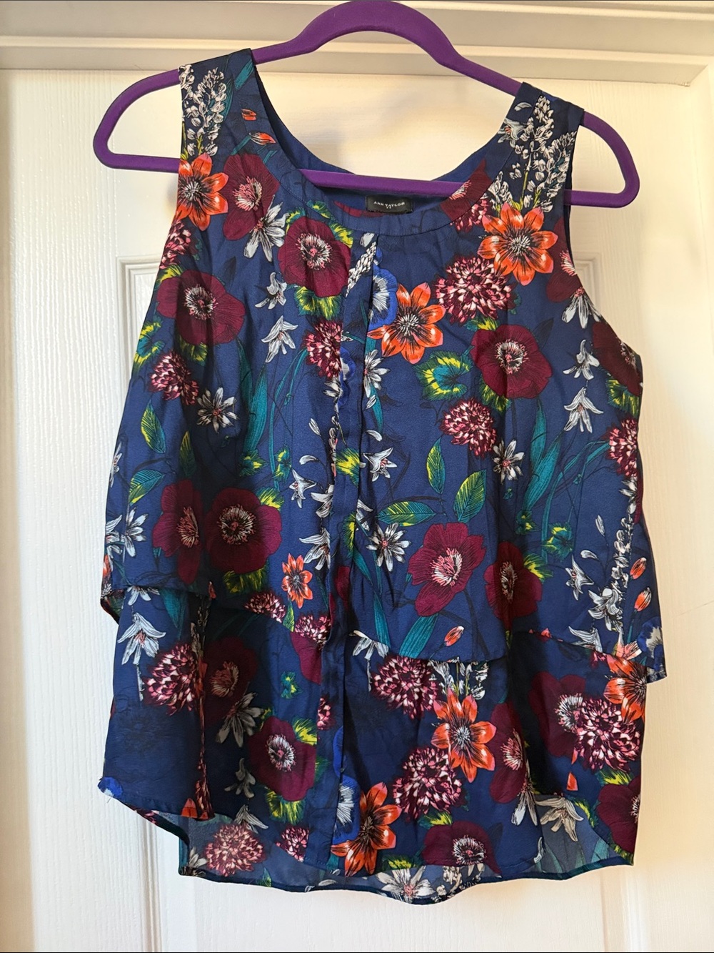 Ann Taylor Navy Floral Tiered Camisole with Burgundy & Orange Accents